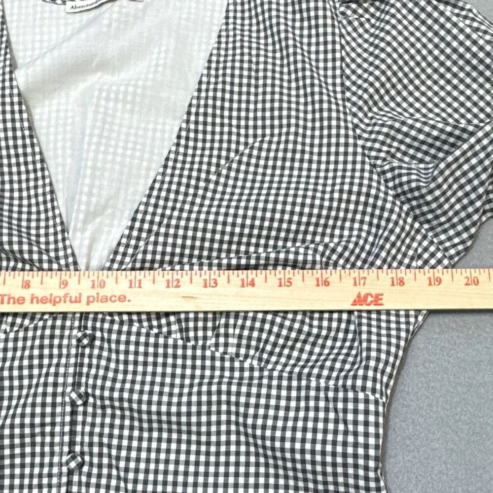 ABERCROMBIE & FITCH Gingham Puff Sleeve V-Neck Top Womens L Black White